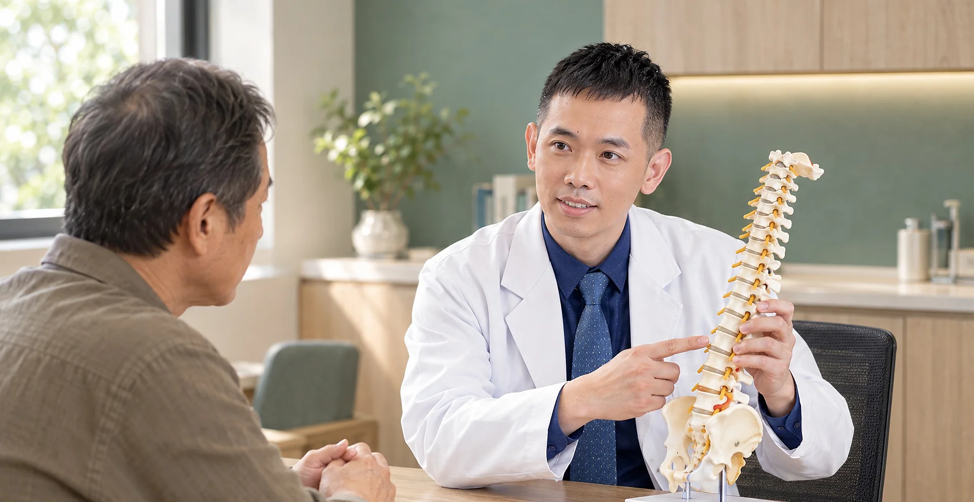 醫師形象照：吳政誼醫師用脊椎模型向病人說明